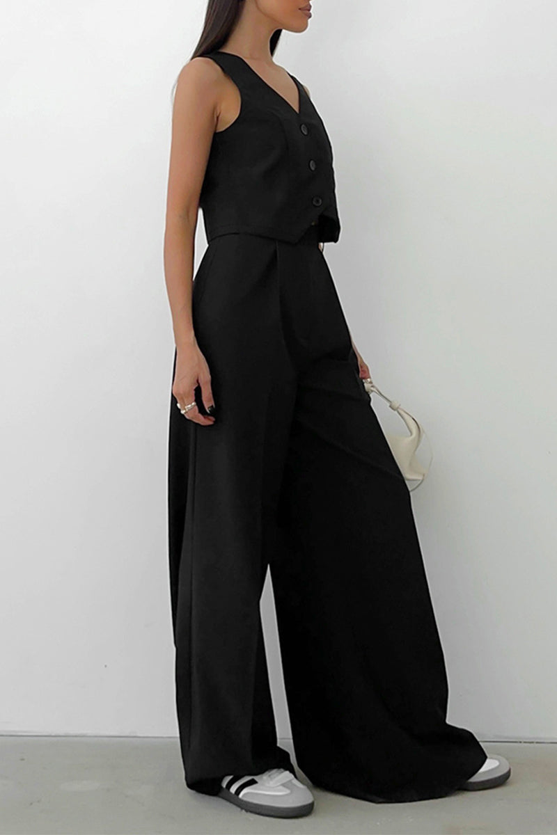 Conjunto informal de dos piezas con cuello en V, sin mangas, bolsillos, botones y color liso