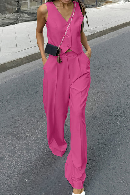 Conjunto informal de dos piezas con cuello en V, sin mangas, bolsillos, botones y color liso