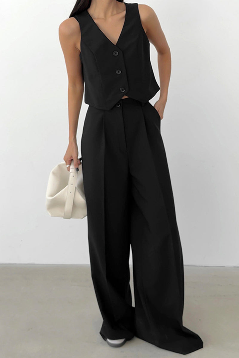 Conjunto informal de dos piezas con cuello en V, sin mangas, bolsillos, botones y color liso