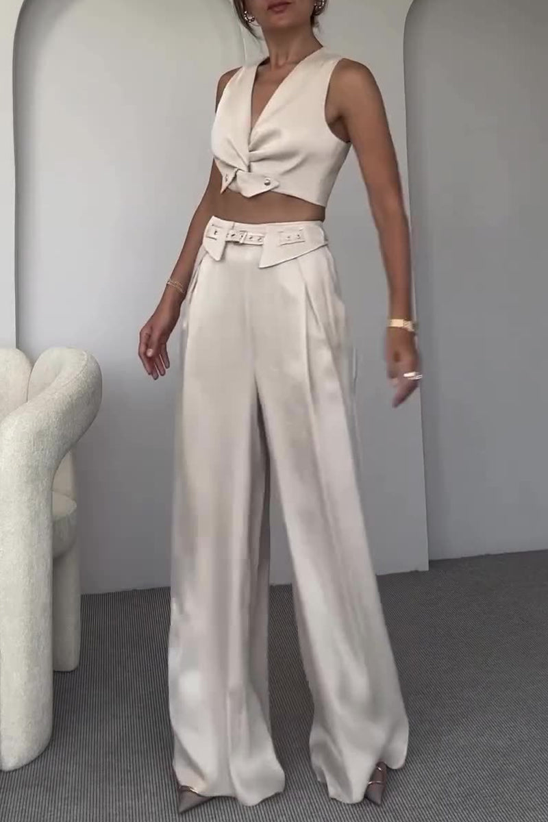 Conjunto informal de dos piezas sin mangas con cuello en V y bolsillos de color sólido