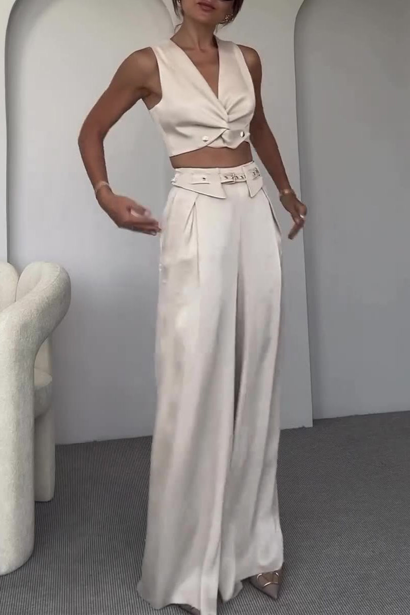 Conjunto informal de dos piezas sin mangas con cuello en V y bolsillos de color sólido