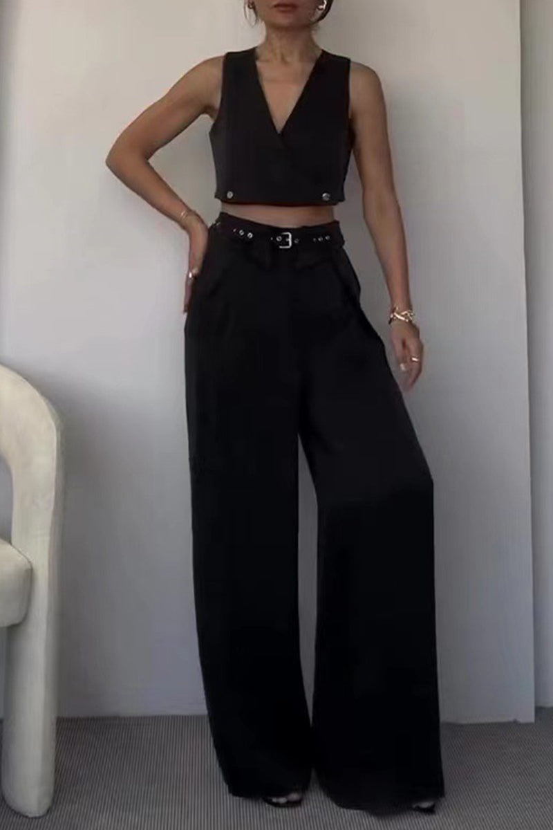 Conjunto informal de dos piezas sin mangas con cuello en V y bolsillos de color sólido