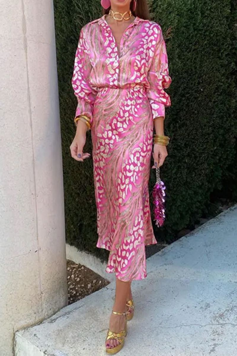 Conjunto informal de dos piezas con cuello vuelto, manga larga y estampado diario básico