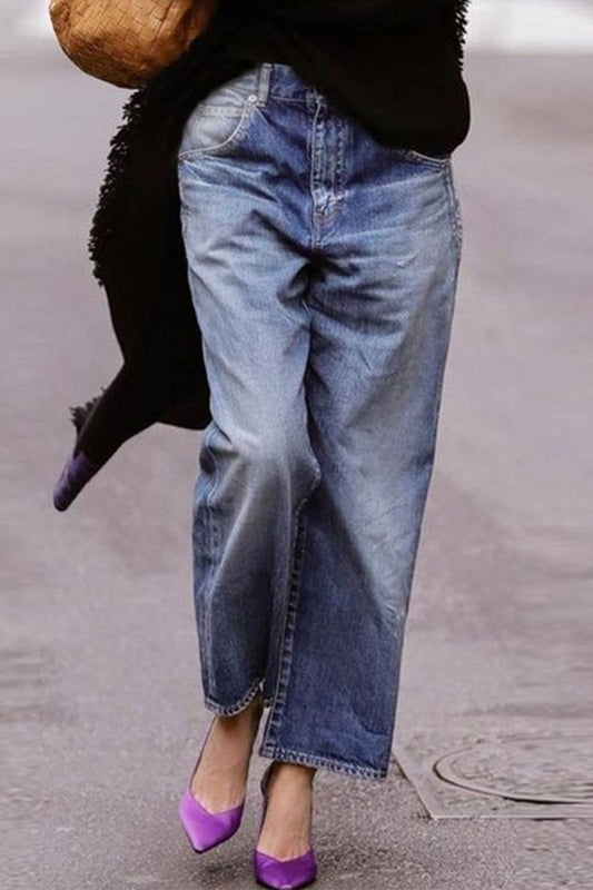 Jeans rectos de cintura media con patchwork y cambio gradual de moda