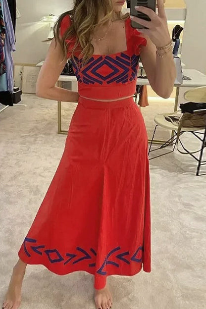 Conjunto informal de dos piezas con cuello cuadrado, volantes y estampado geométrico para vacaciones