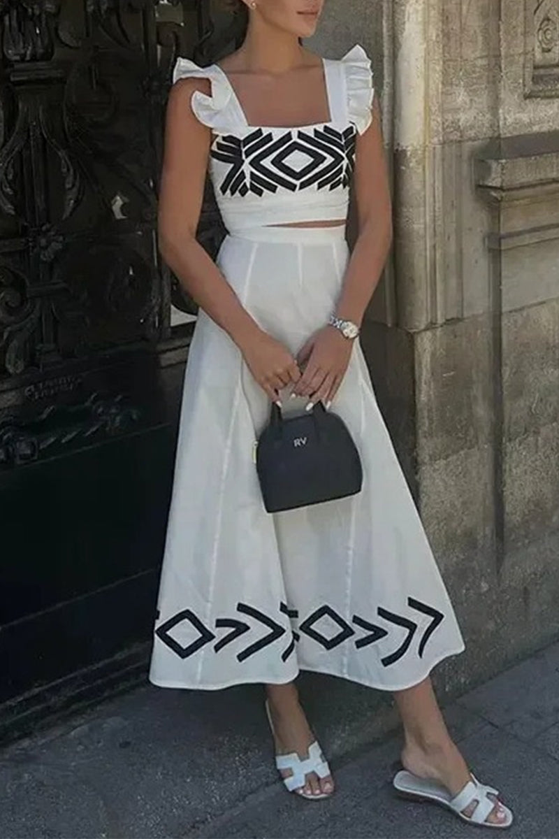 Conjunto informal de dos piezas con cuello cuadrado, volantes y estampado geométrico para vacaciones