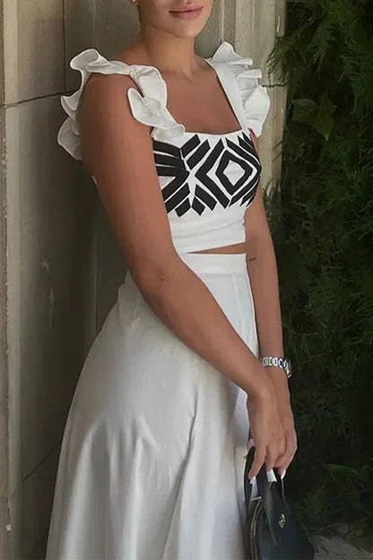 Conjunto informal de dos piezas con cuello cuadrado, volantes y estampado geométrico para vacaciones