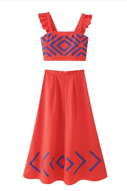 Conjunto informal de dos piezas con cuello cuadrado, volantes y estampado geométrico para vacaciones