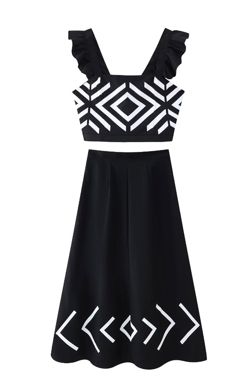 Conjunto informal de dos piezas con cuello cuadrado, volantes y estampado geométrico para vacaciones