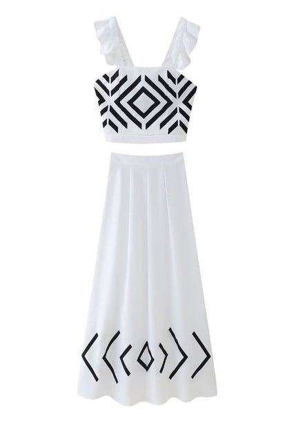 Conjunto informal de dos piezas con cuello cuadrado, volantes y estampado geométrico para vacaciones