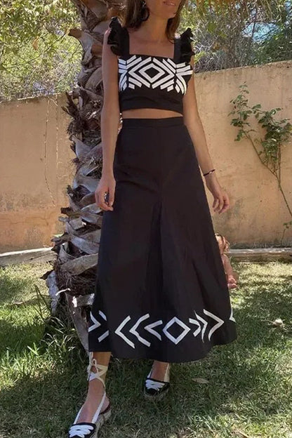 Conjunto informal de dos piezas con cuello cuadrado, volantes y estampado geométrico para vacaciones