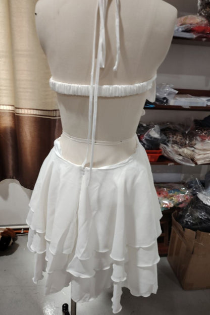 Vestidos sexis de color sólido con encaje, espalda descubierta y falda estilo pastel estilo halter