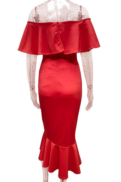 Vestidos de fiesta sexys de cola de pez con hombros descubiertos y volantes de color liso