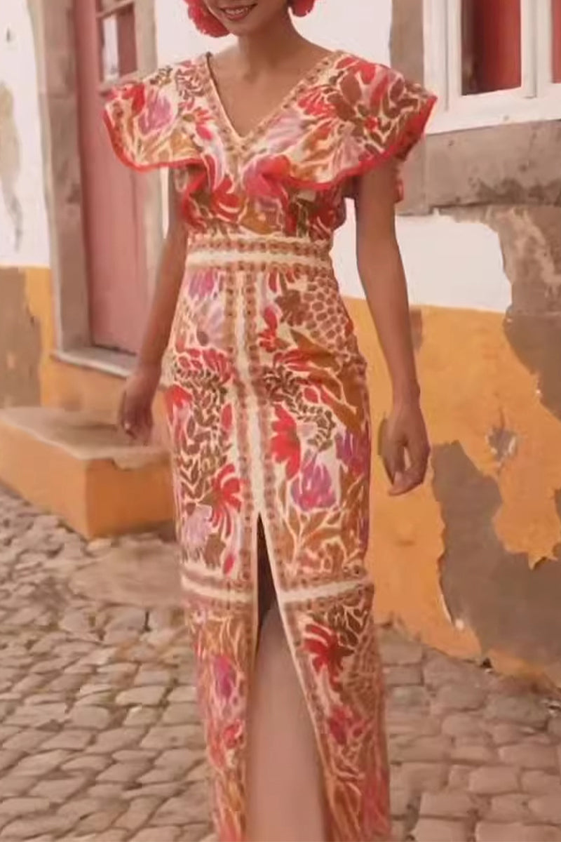 Vestidos casuales de corte A con escote en V, abertura y volantes, sin espalda y estampado floral