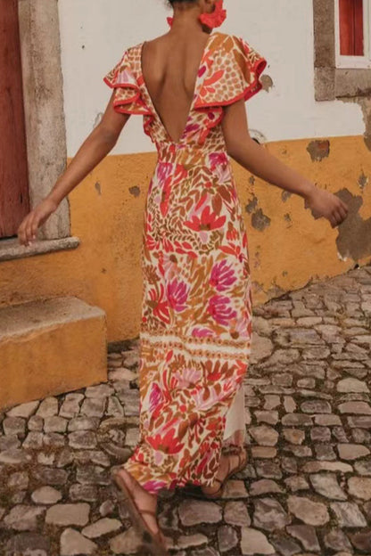 Vestidos casuales de corte A con escote en V, abertura y volantes, sin espalda y estampado floral