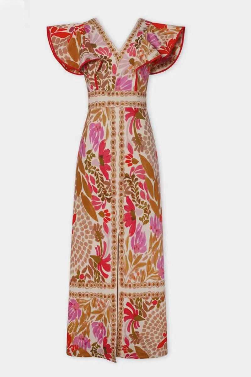 Vestidos casuales de corte A con escote en V, abertura y volantes, sin espalda y estampado floral