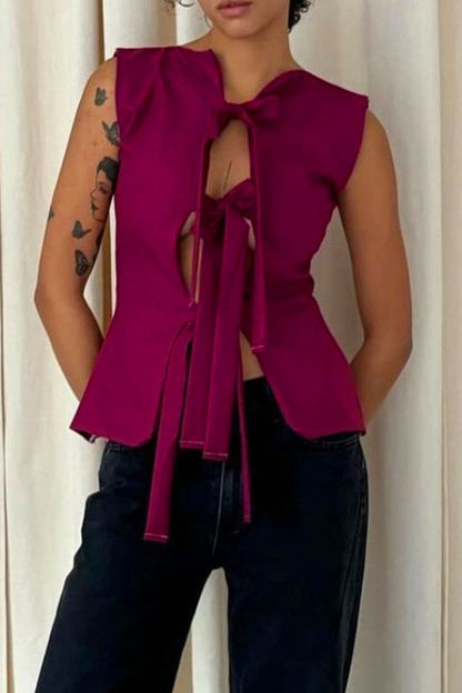 Tops sexys de color sólido con cordones y cuello en V