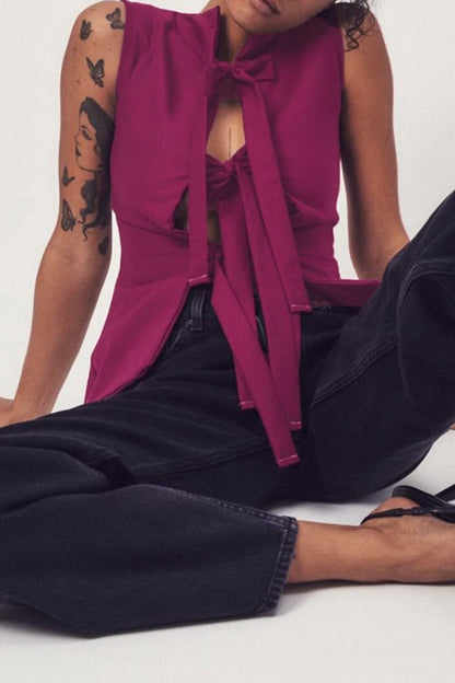 Tops sexys de color sólido con cordones y cuello en V