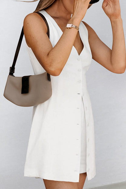 Conjunto informal de dos piezas con cuello en V, sin mangas, color liso, botones y diario