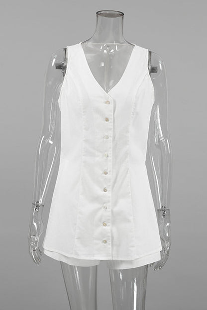 Conjunto informal de dos piezas con cuello en V, sin mangas, color liso, botones y diario