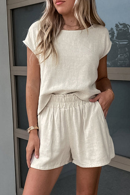 Conjunto informal de dos piezas de manga corta con cuello redondo y bolsillos en color liso para uso diario