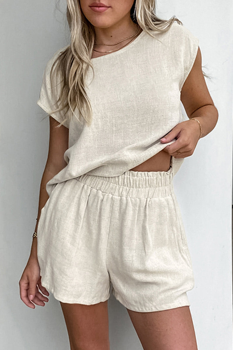 Conjunto informal de dos piezas de manga corta con cuello redondo y bolsillos en color liso para uso diario