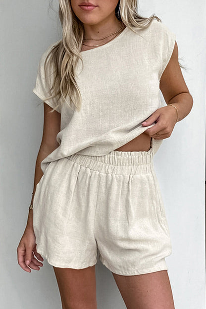 Conjunto informal de dos piezas de manga corta con cuello redondo y bolsillos en color liso para uso diario