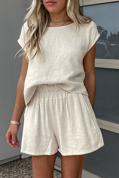 Conjunto informal de dos piezas de manga corta con cuello redondo y bolsillos en color liso para uso diario