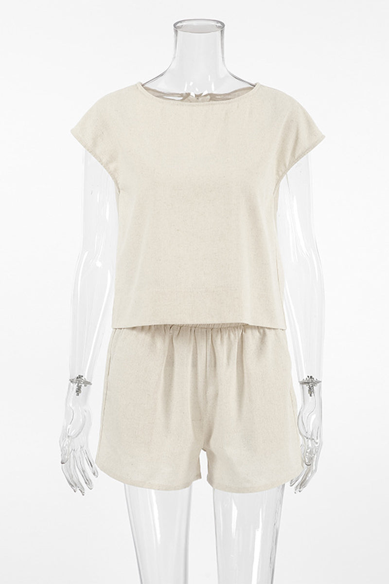 Conjunto informal de dos piezas de manga corta con cuello redondo y bolsillos en color liso para uso diario