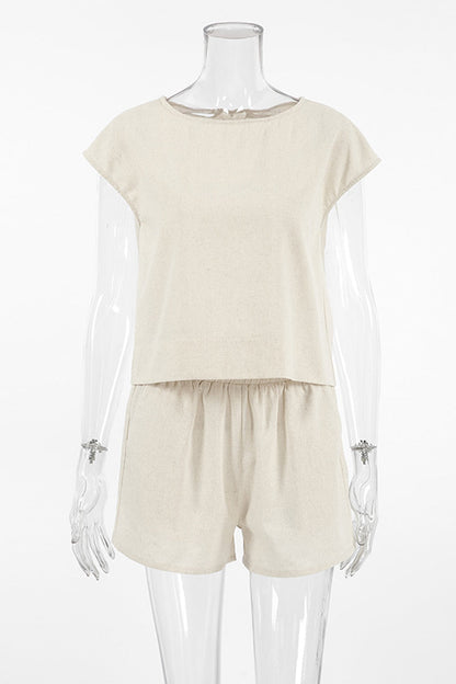 Conjunto informal de dos piezas de manga corta con cuello redondo y bolsillos en color liso para uso diario