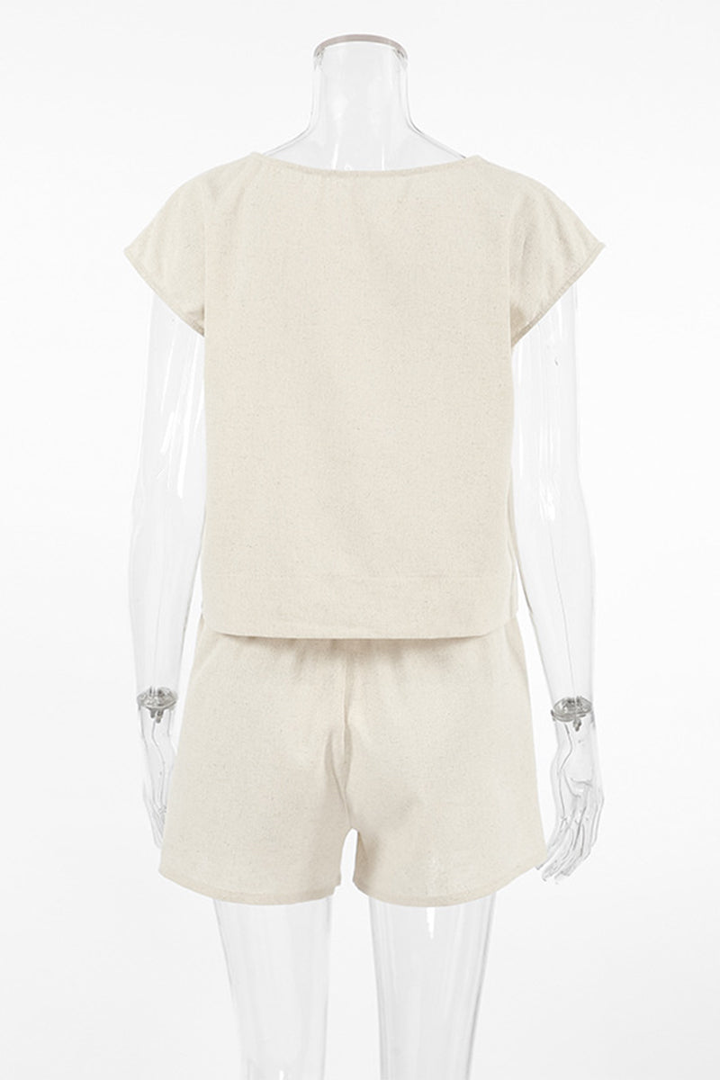 Conjunto informal de dos piezas de manga corta con cuello redondo y bolsillos en color liso para uso diario