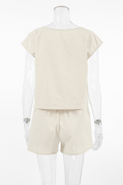 Conjunto informal de dos piezas de manga corta con cuello redondo y bolsillos en color liso para uso diario