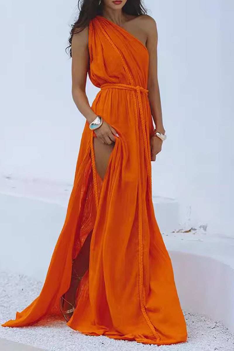 Traje de baño sexy de vacaciones en color sólido con diseño de tirantes y abertura