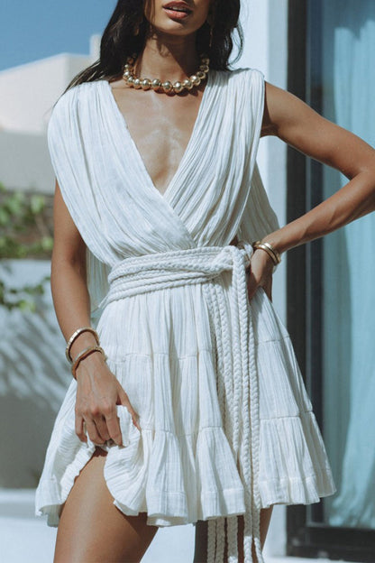 Vestidos sexis de diario de color sólido con cordones, espalda descubierta, cuello en V y sin mangas