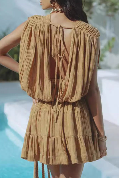 Vestidos sexis de diario de color sólido con cordones, espalda descubierta, cuello en V y sin mangas