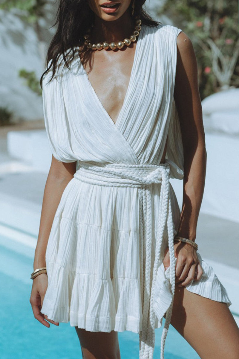 Vestidos sexis de diario de color sólido con cordones, espalda descubierta, cuello en V y sin mangas