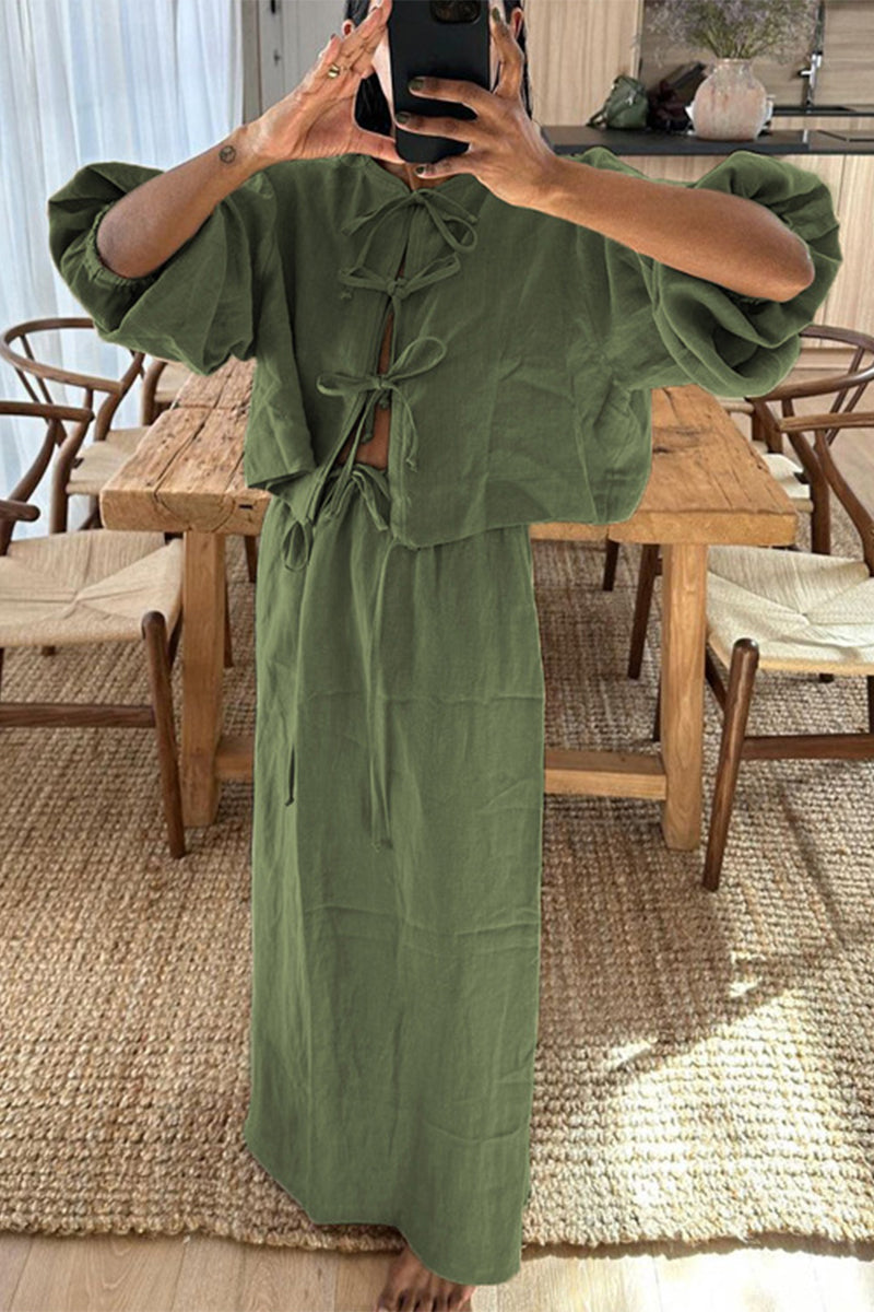 Conjunto informal de dos piezas con cuello redondo, manga larga, color liso, con cordones (5 colores)