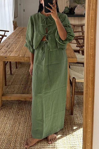 Conjunto informal de dos piezas con cuello redondo, manga larga y encaje de color liso para uso diario