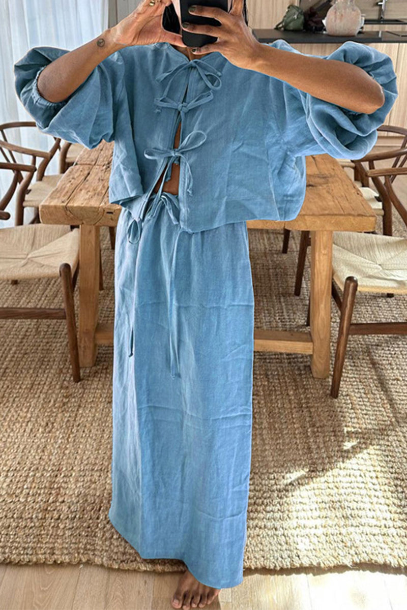 Conjunto informal de dos piezas con cuello redondo, manga larga, color liso, con cordones (5 colores)