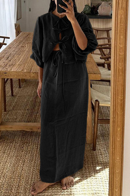 Conjunto informal de dos piezas con cuello redondo, manga larga y encaje de color liso para uso diario