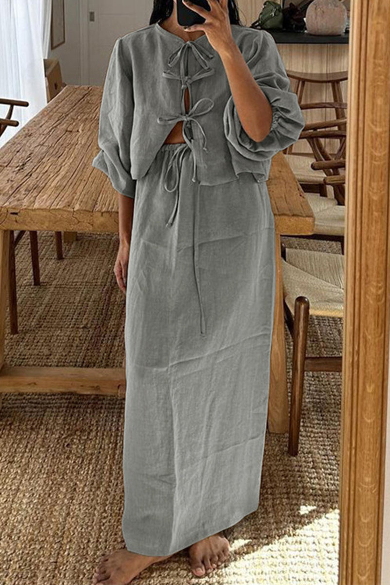 Conjunto informal de dos piezas con cuello redondo, manga larga, color liso, con cordones (5 colores)