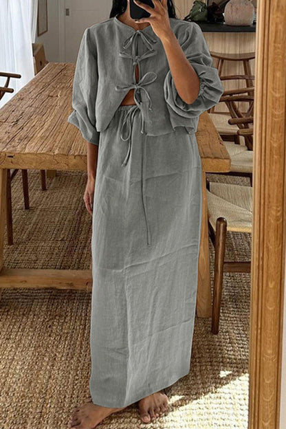 Conjunto informal de dos piezas con cuello redondo, manga larga, color liso, con cordones (5 colores)