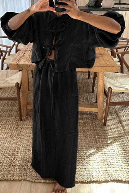 Conjunto informal de dos piezas con cuello redondo, manga larga, color liso, con cordones (5 colores)