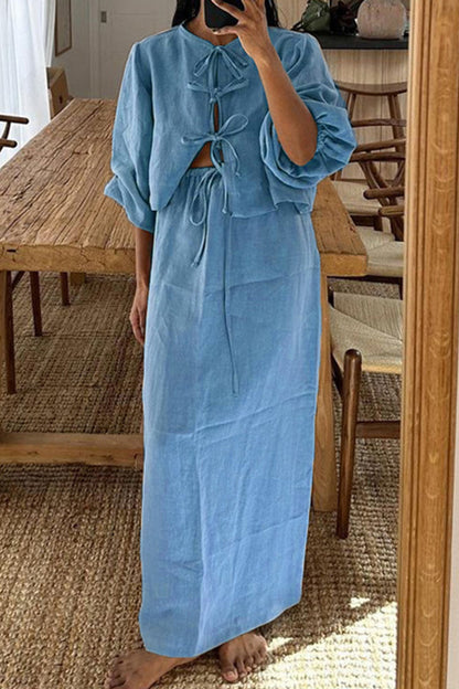 Conjunto informal de dos piezas con cuello redondo, manga larga, color liso, con cordones (5 colores)