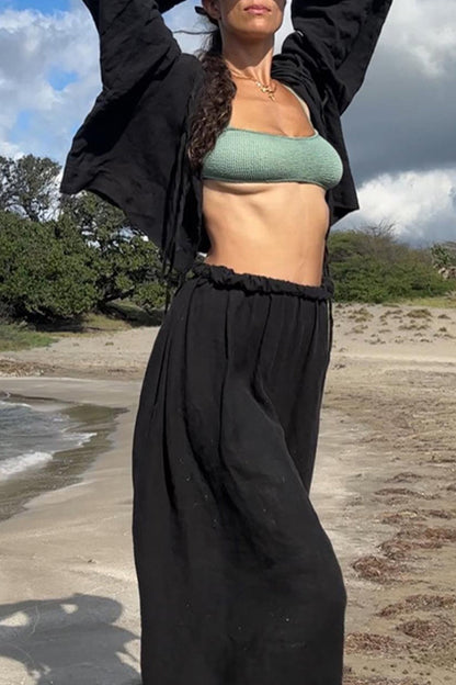 Conjunto informal de dos piezas con cuello redondo, manga larga, color liso, con cordones (5 colores)