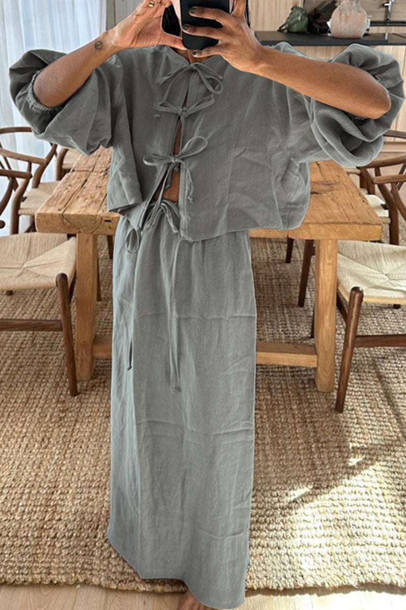 Conjunto informal de dos piezas con cuello redondo, manga larga, color liso, con cordones (5 colores)