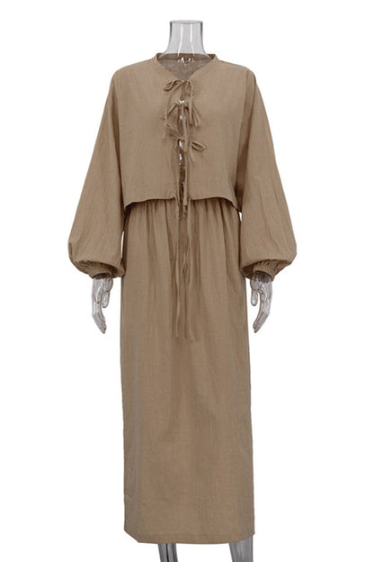 Conjunto informal de dos piezas con cuello redondo, manga larga, color liso, con cordones (5 colores)