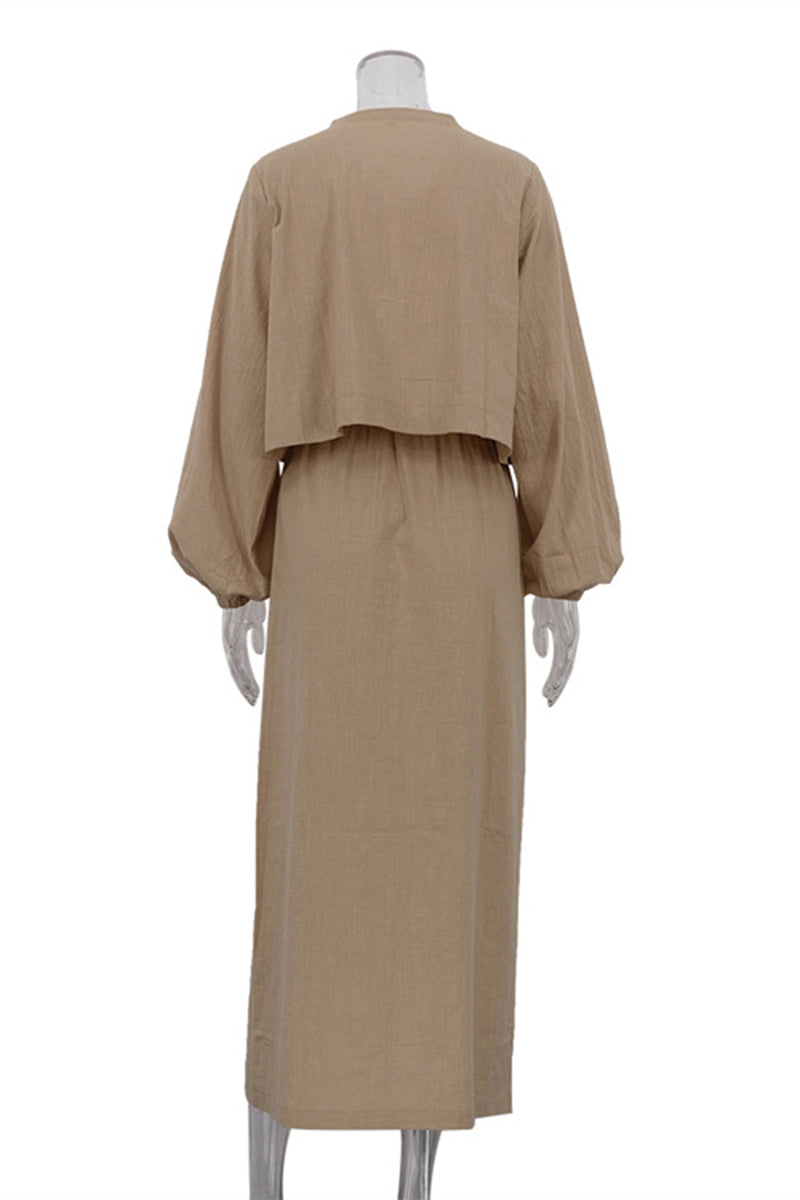 Conjunto informal de dos piezas con cuello redondo, manga larga y encaje de color liso para uso diario