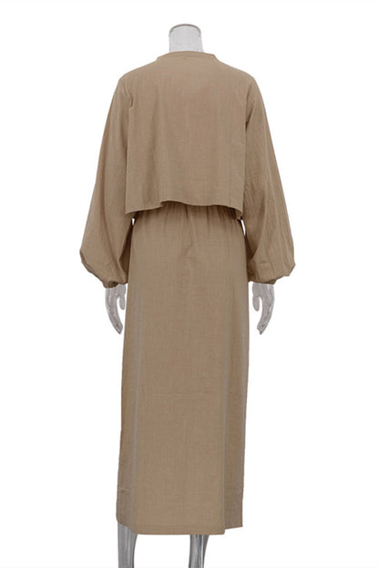 Conjunto informal de dos piezas con cuello redondo, manga larga y encaje de color liso para uso diario