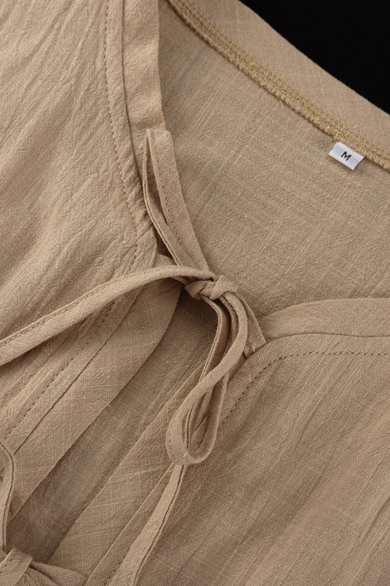 Conjunto informal de dos piezas con cuello redondo, manga larga, color liso, con cordones (5 colores)